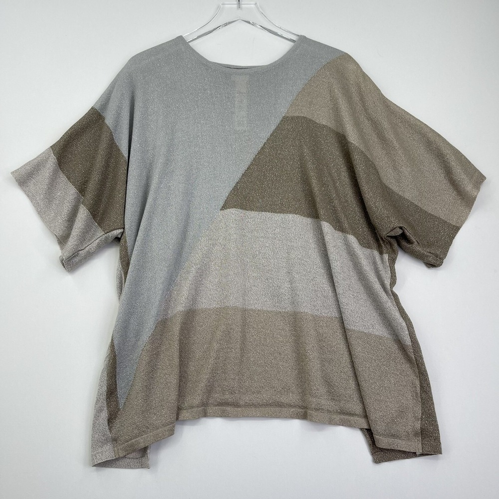 Chico's Womens Blouse L/ XL Gold Silver Metallic Short Sleeve Shirt